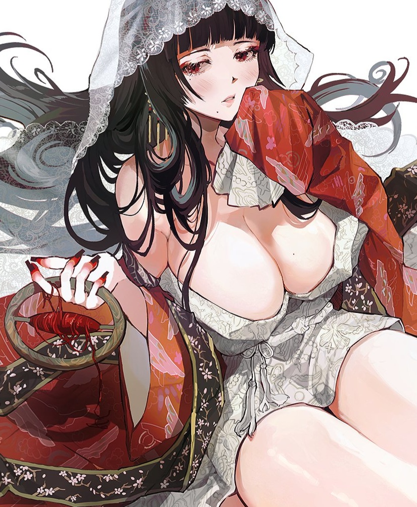 1girl, black_hair, blush, breasts, bridal_veil, earrings, eyeshadow, female_saniwa_(touken_ranbu)