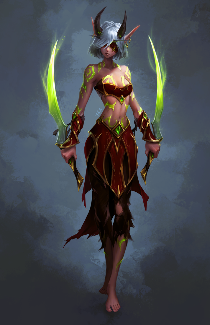 1girl, barefoot, blindfold, blood_elf_(warcraft), breasts, closed_mouth, colored_skin, demon_hunter_(warcraft), dual_wielding, earrings, elf, expressionless, fantasy, full_body, gradient, gradient_background, grey_background, holding, holding_sword, holding_weapon, horns, imdrunkontea, jewelry, markings, navel, original, pointy_ears, red_skin, reverse_grip, short_hair, small_breasts, solo, standing, strapless, sword, torn_clothes, torn_legwear, tube_top, vambraces, warcraft, weapon, white_hair, world_of_warcraft