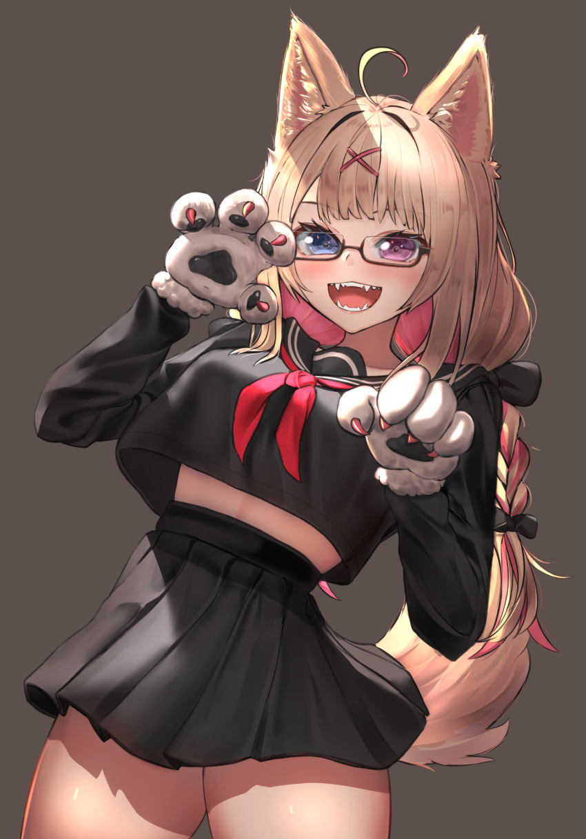 1girl, ahoge, animal_ears, black-framed_eyewear, black_bow, black_skirt, blue_eyes, bow
