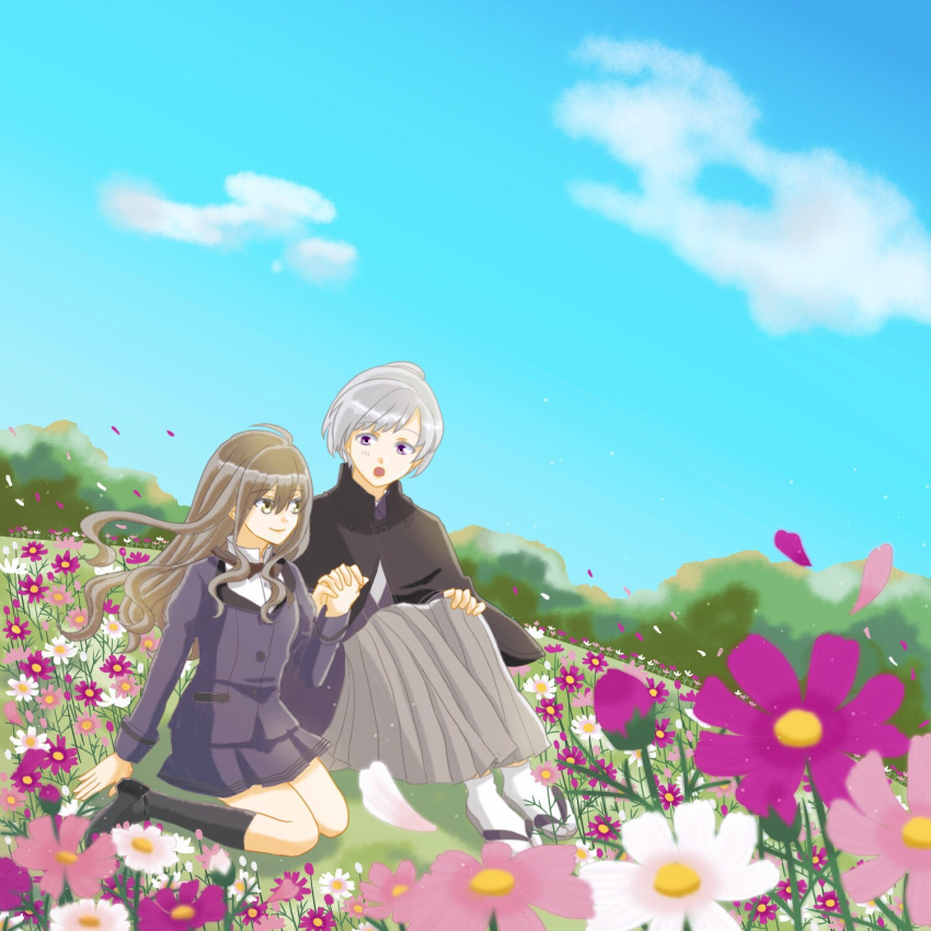 0334325, 1boy, 1girl, black_footwear, black_legwear, blush, brown_eyes, brown_hair