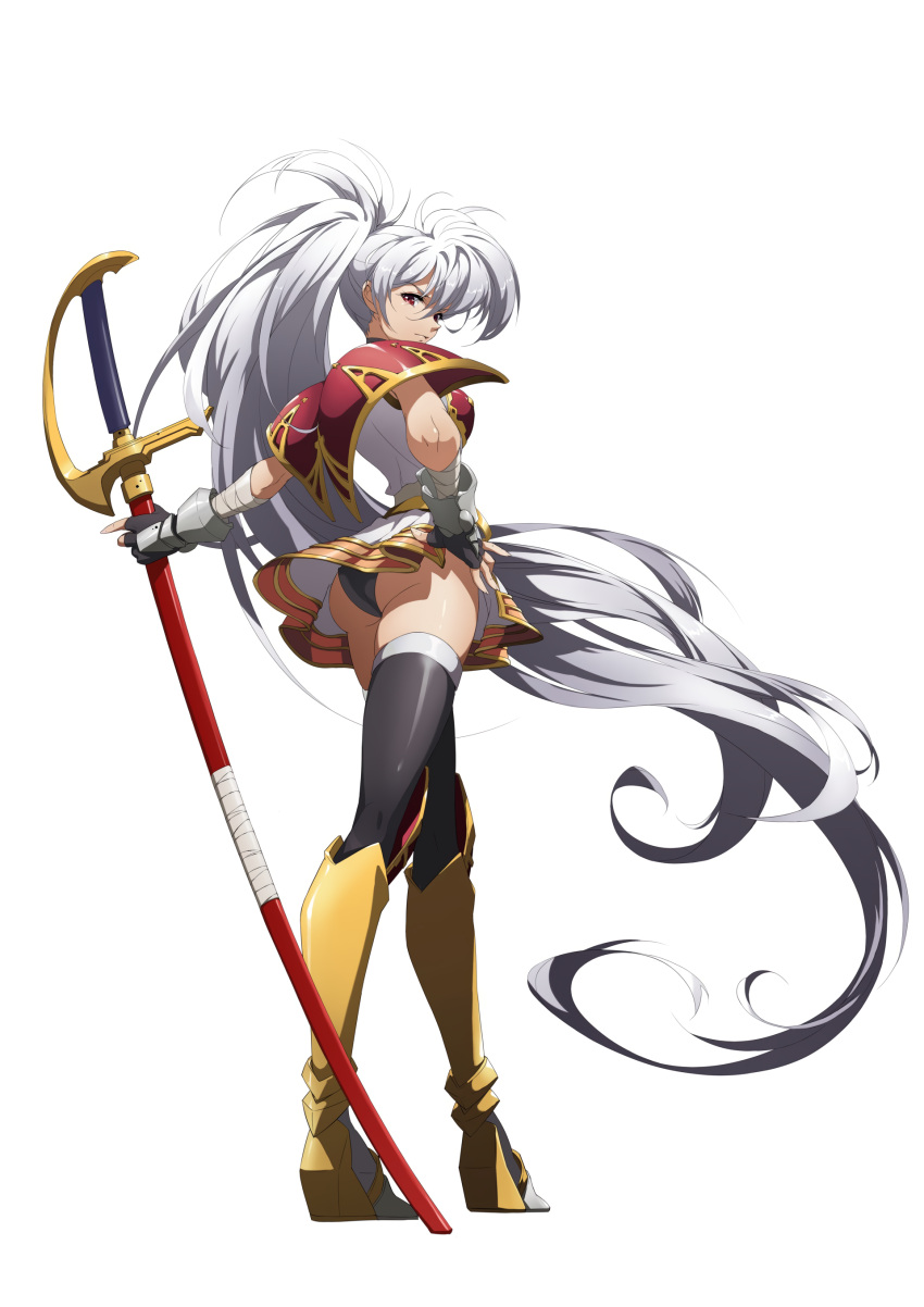 1girl, absurdly_long_hair, absurdres, armor, armored_boots, ass, bangs, black_panties, boots, fingerless_gloves, full_body, gloves, high_ponytail, highres, holding, holding_sword, holding_weapon, langrisser, langrisser_iii, langrisser_mobile, long_hair, luna_(langrisser), non-web_source, official_art, panties, pauldrons, photoshop_(medium), red_eyes, sheath, sheathed, shoulder_armor, simple_background, smile, standing, sword, thigh-highs, underwear, very_long_hair, weapon, white_background, white_hair