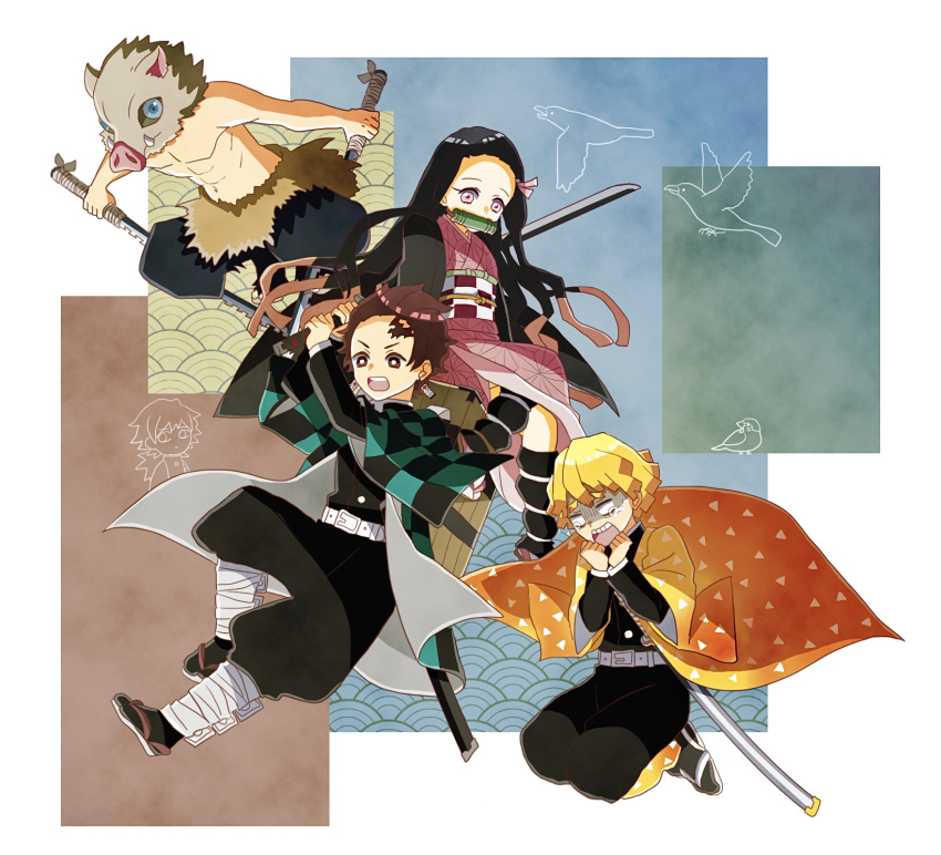 0334325, 1girl, 4boys, agatsuma_zenitsu, asa_no_ha_(pattern), bamboo, belt, bird, bit_gag, black_hair, black_pants, blonde_hair, boar_mask, brown_eyes, brown_hair, burn_scar, checkered_clothes, checkered_haori, checkered_jacket, checkered_obi, checkered_sash, chuntarou_(kimetsu_no_yaiba), crow, demon_slayer_uniform, dongurimaru_(kimetsu_no_yaiba), earrings, gag, hanafuda, haori, hashibira_inosuke, highres, holding, holding_sword, holding_weapon, jacket, japanese_clothes, jewelry, kamado_nezuko, kamado_tanjirou, katana, kimetsu_no_yaiba, kimono, multiple_boys, obi, open_mouth, pants, pink_eyes, pink_kimono, print_jacket, print_kimono, sandals, sash, scar, scar_on_face, scar_on_forehead, sparrow, sword, tears, tennouji_matsuemon, tomioka_giyuu, triangle_print, weapon, white_belt