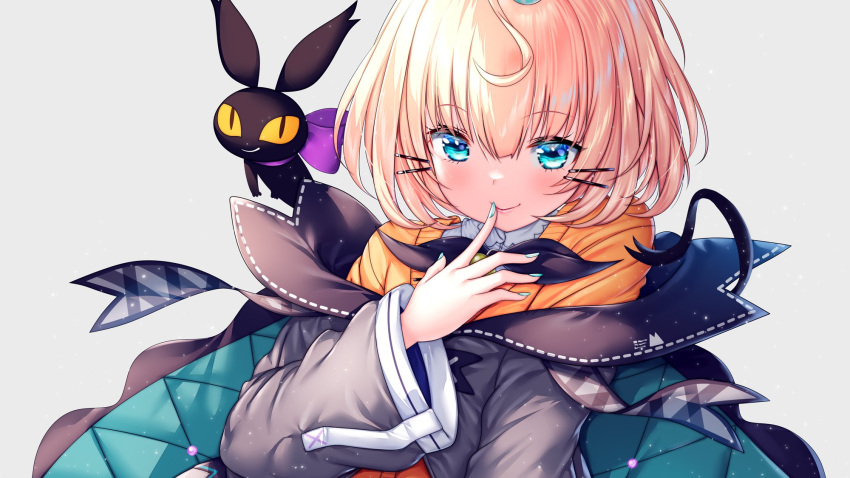 1girl, blonde_hair, blue_eyes, finger_to_mouth, grey_background, hair_ornament, hairclip, highres