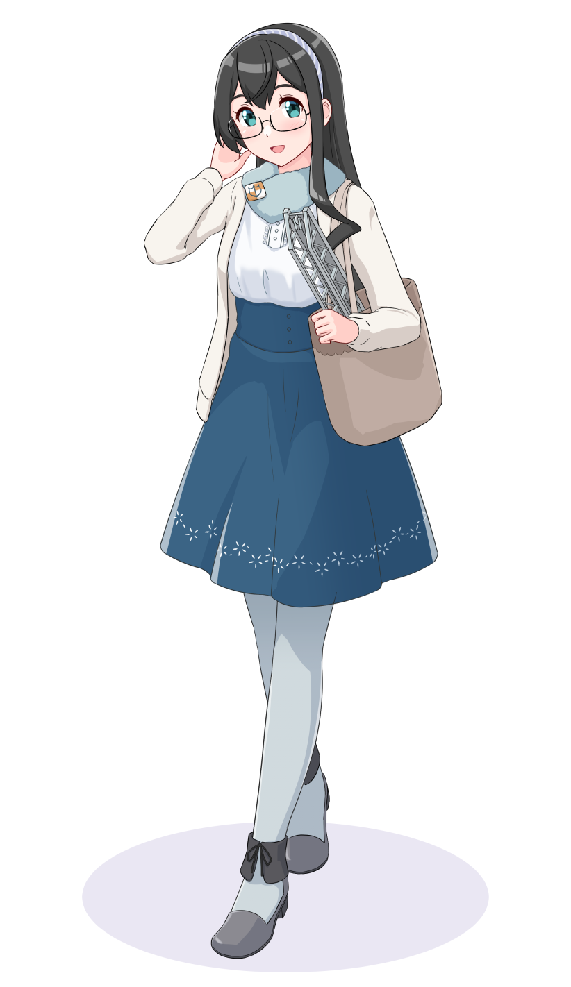 1girl, alternate_costume, bag, black_footwear, black_hair, blue_dress, crane_(machine), dress