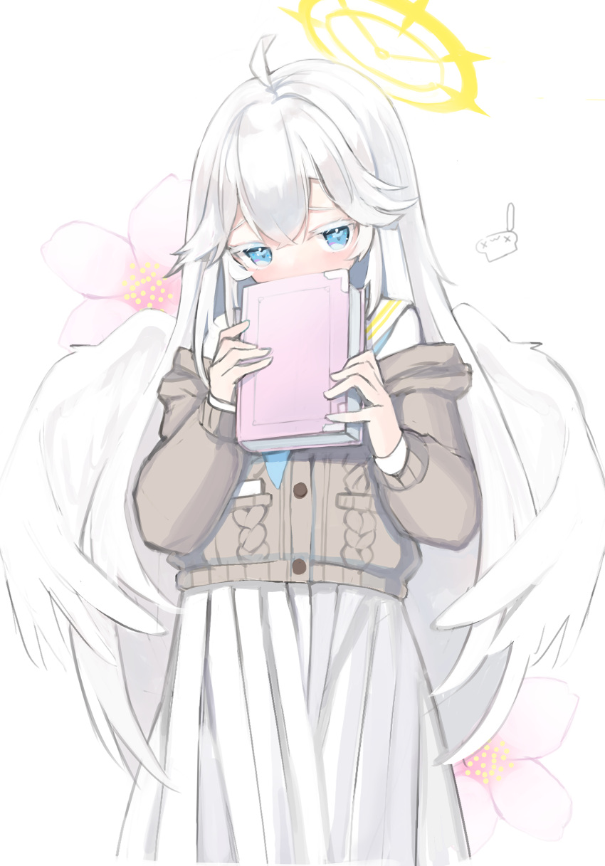 1girl, absurdres, bangs, blue_archive, blue_eyes, blush, book, brown_cardigan