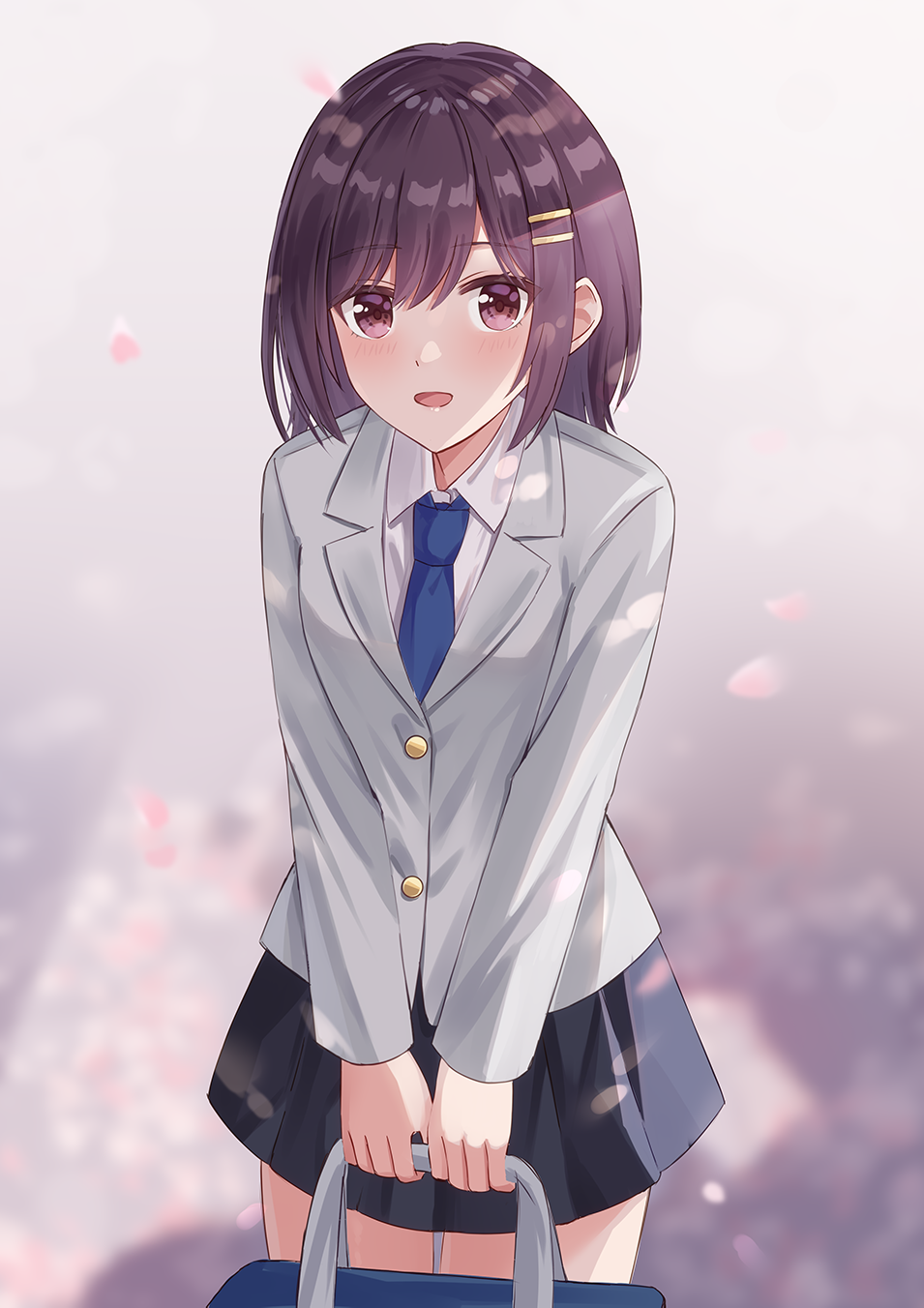 1girl, bag, bangs, blazer, blue_necktie, blurry, blurry_background, blush