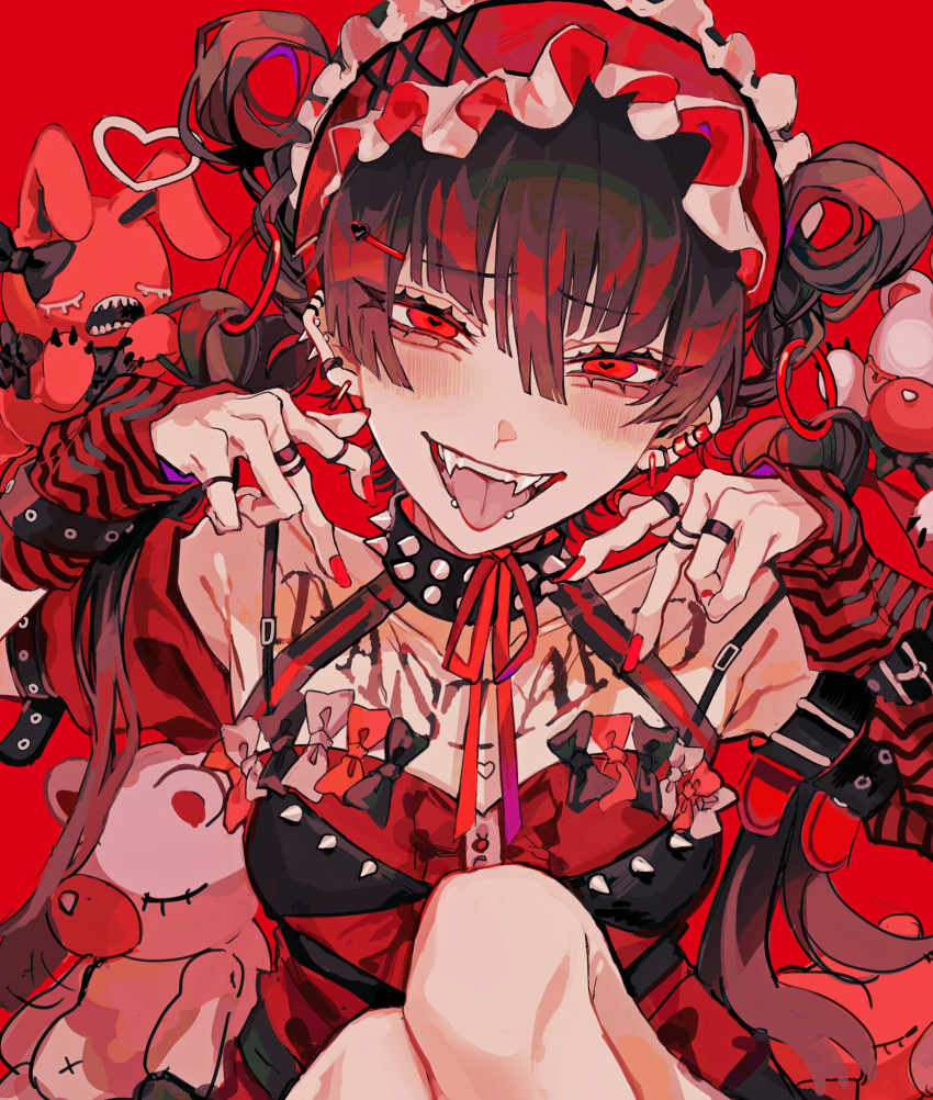 1girl, bangs, bare_shoulders, black_hair, black_shirt, blush, breasts, detached_sleeves, double_bun, earrings, eyebrows_visible_through_hair, fangs, frills, hair_between_eyes, hairband, headphones, highres, jewelry, kuroume_(aihikarikuroume24), long_sleeves, looking_at_viewer, open_mouth, original, piercing, pink_eyes, red_background, shirt, short_hair, simple_background, sleeveless, sleeveless_shirt, solo, striped_sleeves, stuffed_animal, stuffed_toy, tattoo, teddy_bear, teeth, tongue, tongue_piercing