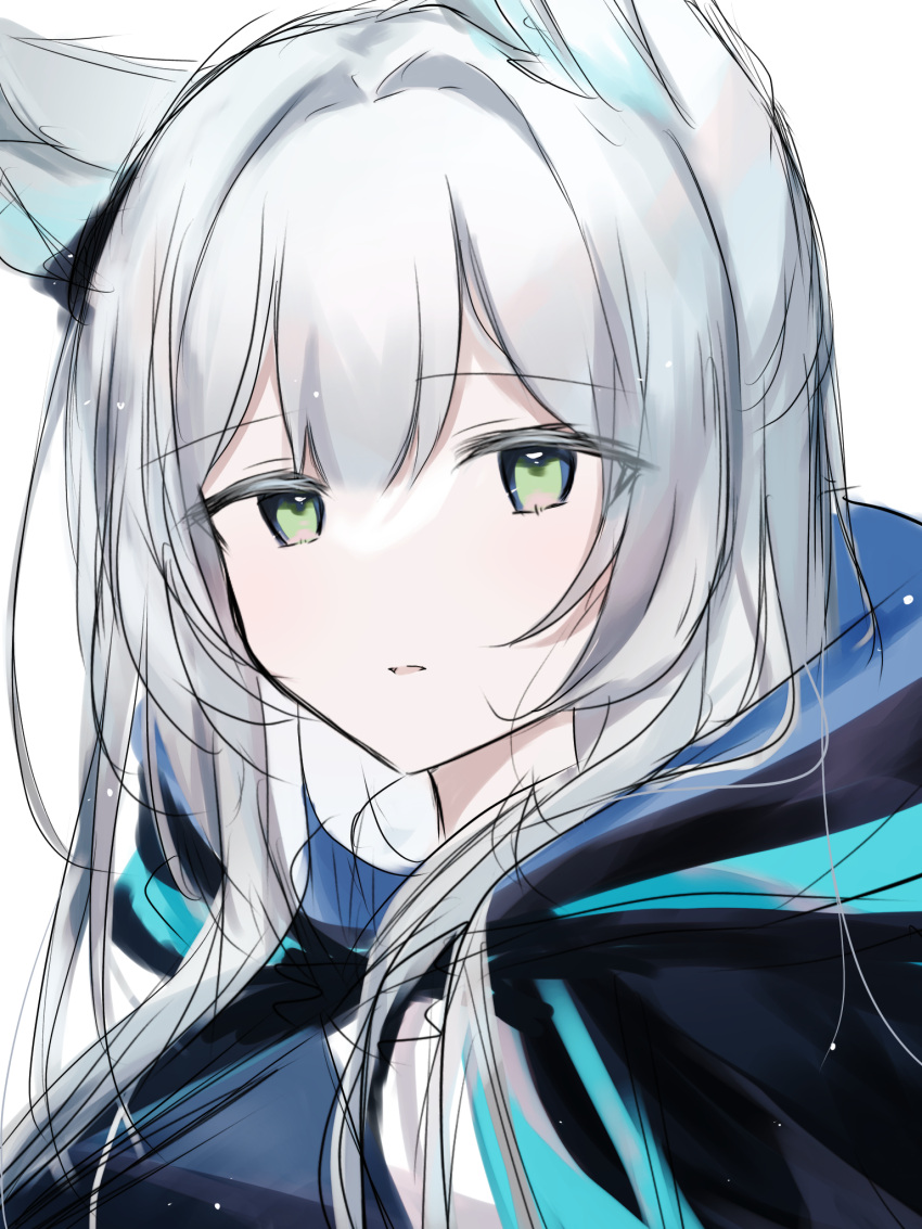 1girl, animal_ear_fluff, animal_ears, arknights, bangs, black_jacket, eyebrows_visible_through_hair, green_eyes, grey_hair, hair_between_eyes, hair_intakes, highres, hood, hood_down, hooded_jacket, jacket, long_hair, looking_at_viewer, mai_(ayamai2017), parted_lips, rosmontis_(arknights), simple_background, sketch, solo, upper_body, white_background