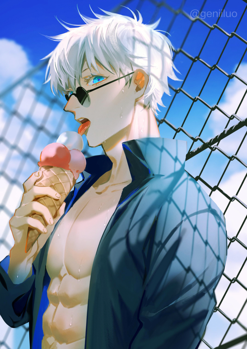 1boy, abs, bangs, blue_eyes, chain-link_fence, clouds, day, fence