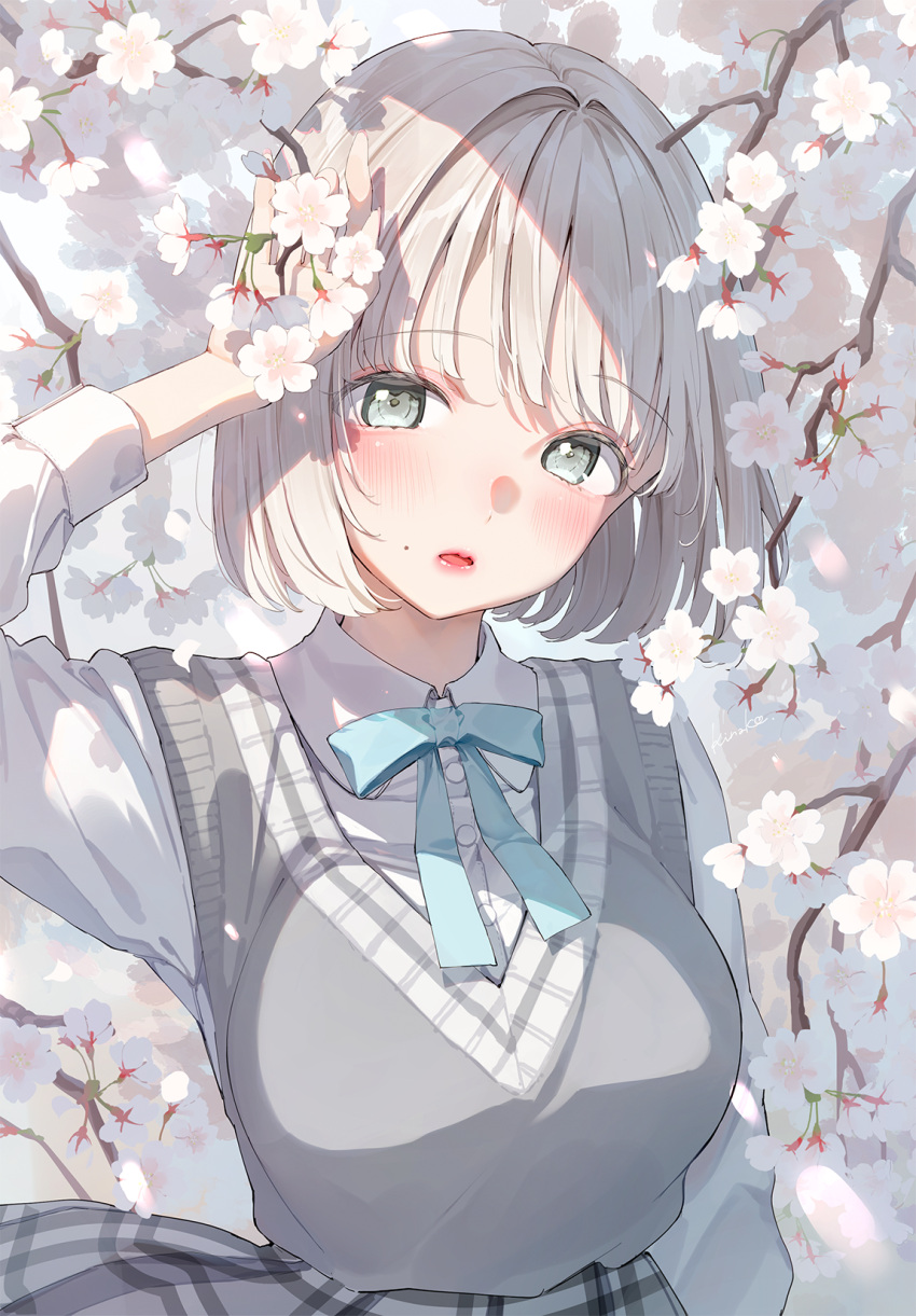 1girl, blush, breasts, collared_shirt, flower, green_eyes, grey_sweater, grey_sweater_vest