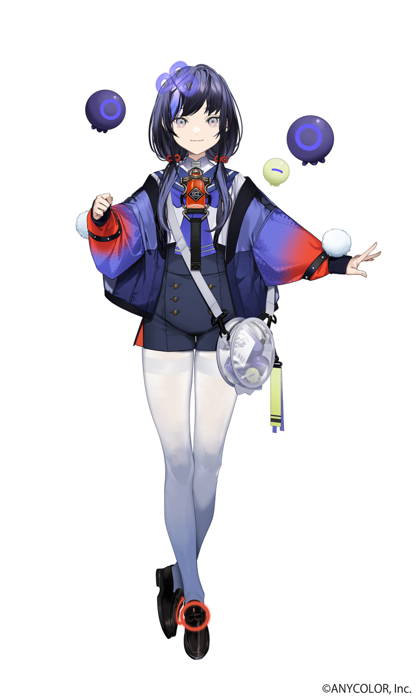 1girl, :3, bag, black_footwear, black_hair, blue_hair, closed_mouth, creature