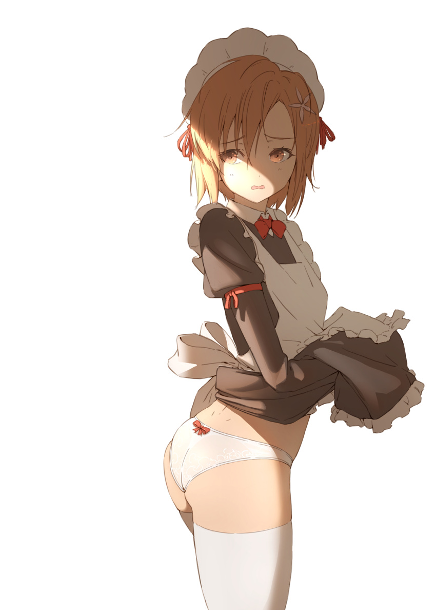 1girl, apron, ass, bangs, black_dress, boku_wa_tomodachi_ga_sukunai, bow, bow_panties, bowtie, brown_eyes, brown_hair, clothes_lift, cowboy_shot, d:, dress, dress_lift, flower, frilled_apron, frilled_dress, frills, from_side, hair_flower, hair_ornament, hand_up, highres, juliet_sleeves, kuroneko_pantsu, kusunoki_yukimura, lifted_by_self, long_sleeves, looking_at_viewer, maid, maid_headdress, panties, parted_bangs, puffy_sleeves, red_bow, red_bowtie, shade, short_hair, simple_background, solo, standing, thigh-highs, twisted_torso, underwear, white_legwear, white_panties