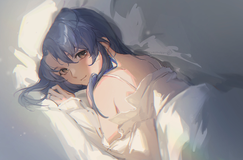 1girl, absurdres, bra, bra_strap, brown_eyes, chromatic_aberration, closed_mouth, commentary_request, dated, highres, katsuragi_misato, light_particles, long_hair, long_sleeves, lying, neon_genesis_evangelion, off_shoulder, on_stomach, purple_hair, sandwich_(3meiji), shirt, smile, solo, underwear, upper_body, white_bra, white_shirt