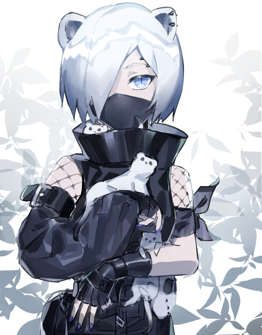 1girl, animal, arknights, black_gloves, black_jacket, blue_eyes, comiclove1314, eyebrow_piercing