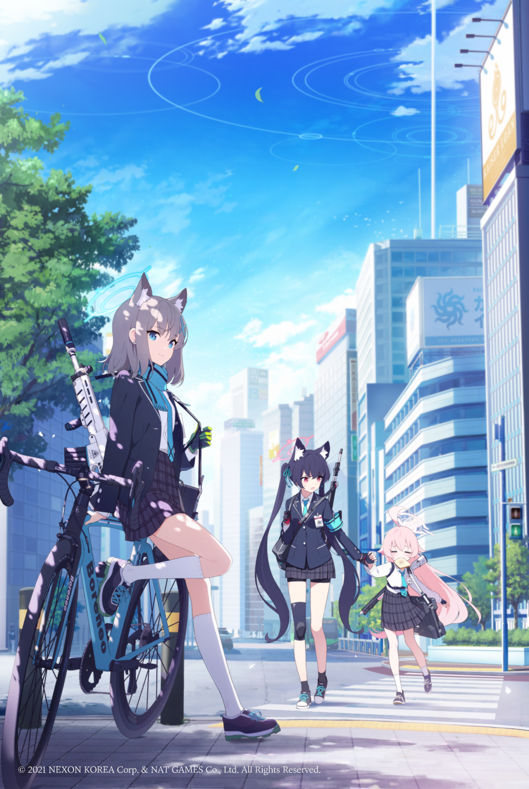 3girls, =_=, ahoge, animal_ear_fluff, animal_ears, armband, assault_rifle, bag, beretta_ar70, bicycle, black_bag, black_hair, blazer, blue_archive, blue_eyes, blue_necktie, blue_ribbon, blue_scarf, cat_ears, city, closed_eyes, clouds, collared_shirt, copyright_name, cross_hair_ornament, crosswalk, doremi, earrings, food, food_in_mouth, gloves, grey_skirt, ground_vehicle, gun, hair_ornament, hair_ribbon, halo, highres, holding_hands, hoshino_(blue_archive), id_card, jacket, jewelry, long_hair, long_sleeves, mouth_hold, multiple_girls, necktie, official_art, open_clothes, open_jacket, pedestrian_crossing_sign, pink_hair, plaid, plaid_skirt, red_eyes, ribbon, rifle, safety_pin, scarf, school_bag, school_uniform, serika_(blue_archive), shiroko_(blue_archive), shirt, shirt_tucked_in, shoes, short_hair, shotgun, sig_sauer, sig_sauer_556, skirt, sky, sneakers, striped, striped_scarf, stud_earrings, suitcase, toast, toast_in_mouth, tree, twintails, very_long_hair, walking, weapon, white_legwear, white_shirt, wolf_ears