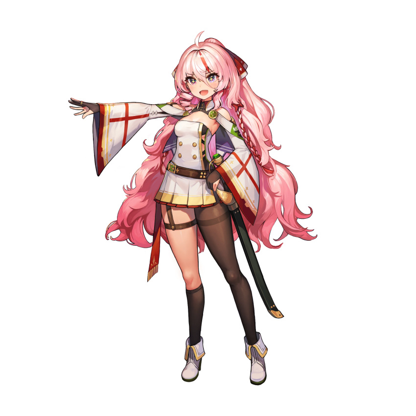 1girl, ahoge, asymmetrical_legwear, bangs, black_legwear, boots, braid, breasts, detached_sleeves, dress, full_body, hair_between_eyes, hair_intakes, heterochromia, highres, kneehighs, last_origin, long_hair, long_sleeves, melite_(last_origin), multicolored_hair, official_art, open_mouth, paintale, pink_eyes, pink_hair, pleated_dress, redhead, scabbard, sheath, single_braid, single_drill, single_kneehigh, single_thighhigh, small_breasts, solo, star-shaped_pupils, star_(symbol), streaked_hair, sword, symbol-shaped_pupils, tachi-e, thigh-highs, transparent_background, very_long_hair, violet_eyes, wavy_hair, weapon, white_dress, wide_sleeves