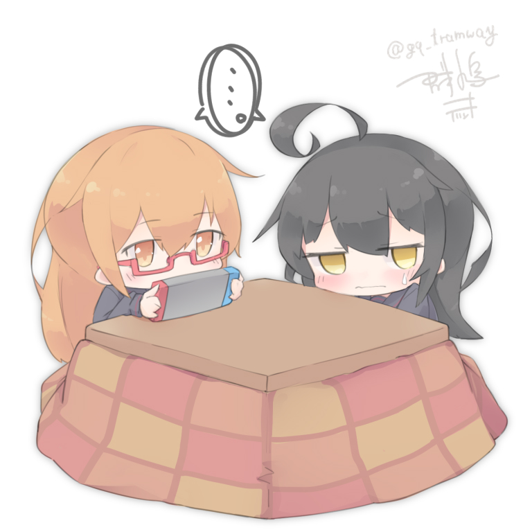 ..., 2girls, bangs, black_hair, blush, chibi, closed_mouth, eyebrows_visible_through_hair