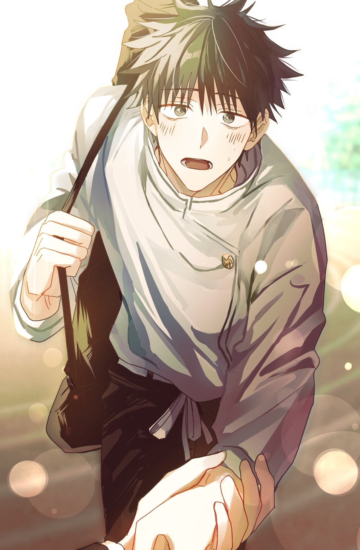 1boy, 1other, bangs, belt, black_eyes, black_hair, black_pants, blush, cowboy_shot, eyebrows_visible_through_hair, highres, holding, jacket, jkjkjk1123, jujutsu_kaisen, long_sleeves, male_focus, okkotsu_yuuta, open_mouth, pants, school_uniform, short_hair, solo_focus, walking, weapon_bag, white_belt, white_jacket