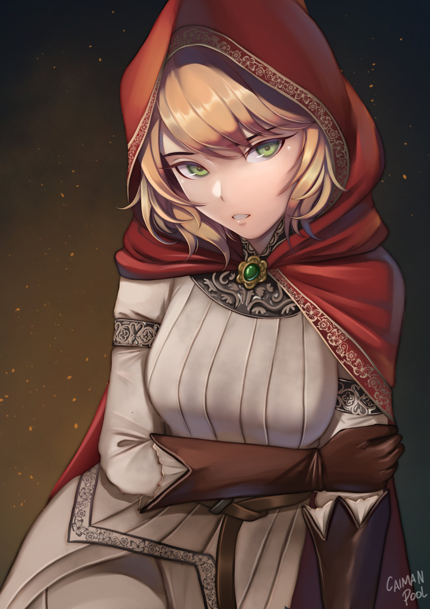 1girl, absurdres, blonde_hair, brooch, brown_gloves, caiman_pool, cape, contrapposto, elden_ring, embers, gloves, green_eyes, highres, hood, hood_up, hooded_cape, jacket, jewelry, looking_at_viewer, medium_hair, pants, parted_lips, red_cape, red_hood, roderika_(elden_ring), signature, solo, white_jacket, white_pants