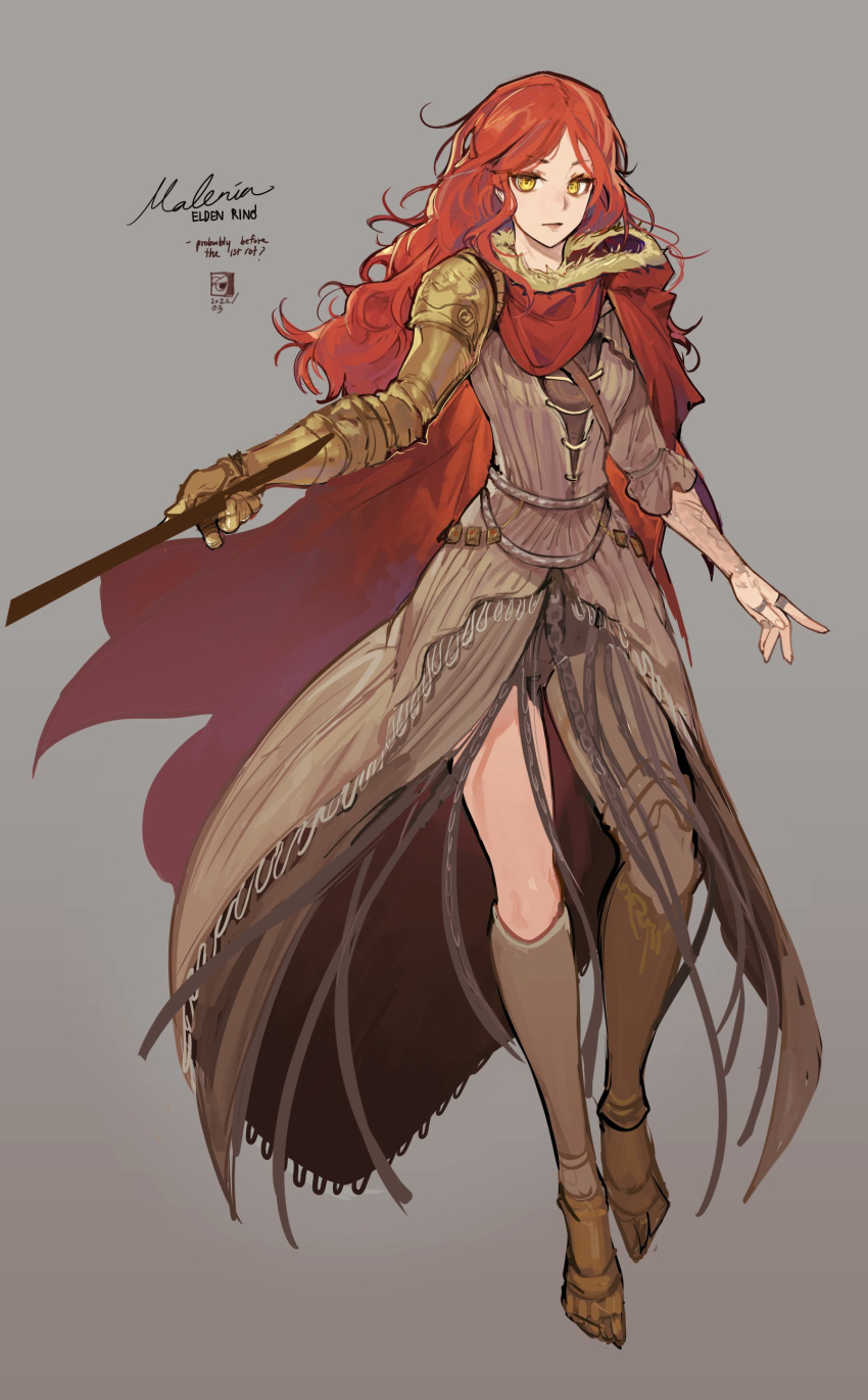 1girl, absurdres, amputee, cape, character_name, closed_mouth, dress, elden_ring