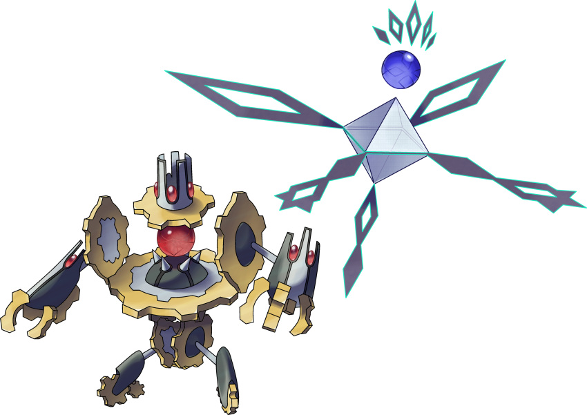 aqua_outline, binary, commentary, english_commentary, fakemon, floating, full_body, gears, gem, highres, hyshirey, no_humans, official_style, orb, original, pokemon, prism, spikes, standing, transparent, transparent_background