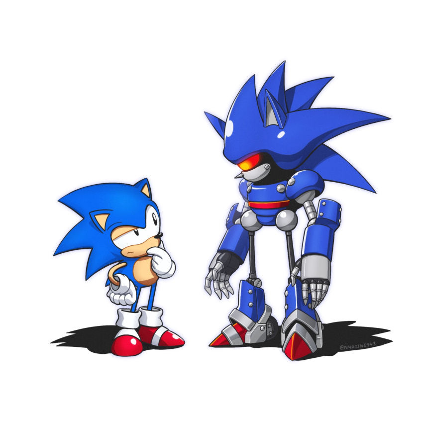 2boys, furry, gloves, half-closed_eye, hand_on_own_chin, highres, male_focus, metal_sonic