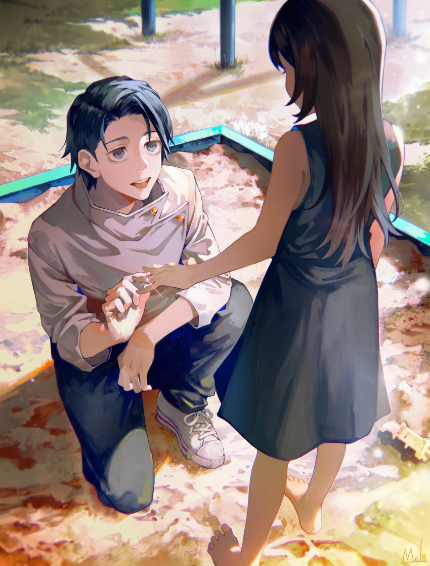 1boy, 1girl, absurdres, bangs, barefoot, black_dress, black_eyes, black_hair