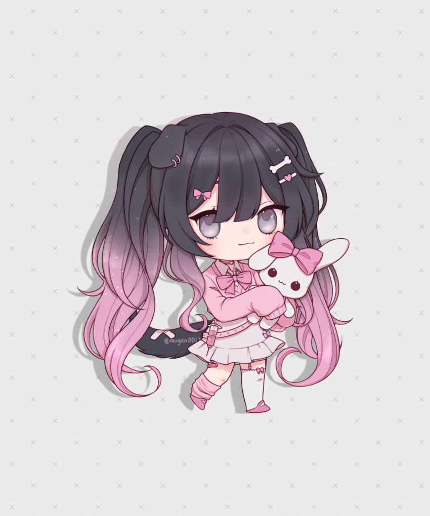 1girl, :3, absurdres, animal_ears, asymmetrical_legwear, black_hair, blush, bow