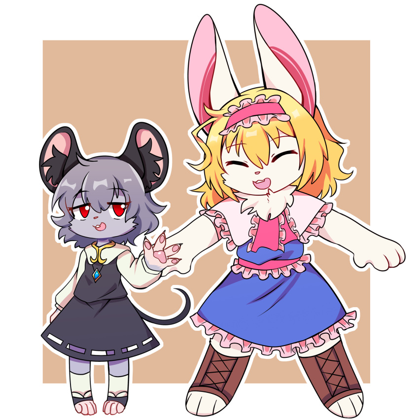 2girls, alice_margatroid, animal_ears, bangs, blonde_hair, blue_dress, brown_background, capelet