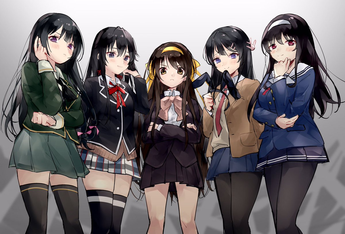5girls, alternate_costume, alternate_hair_length, alternate_hairstyle, animal_ears, ascot, bad_id, bangs