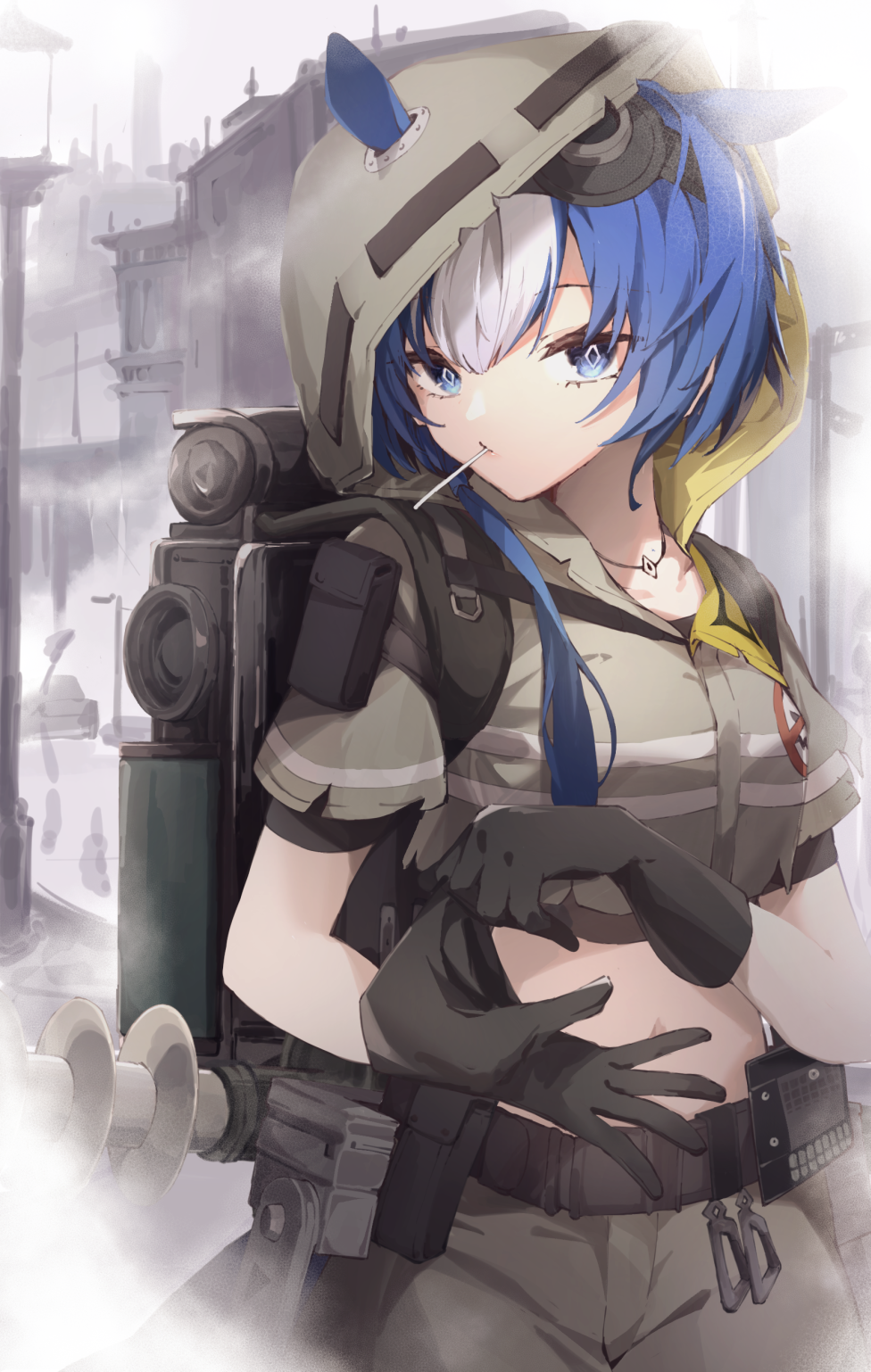 1girl, ankoro_mochi, arknights, bangs, blue_eyes, blue_hair, candy, ears_through_headwear