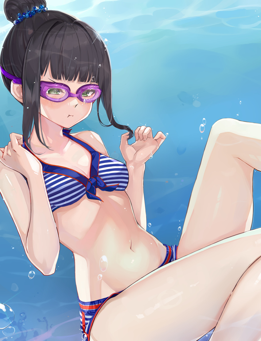 1girl, absurdres, air_bubble, bikini, black_hair, blush, breasts, bubble, fish, freediving, goggles, goggles_on_eyes, green_eyes, hair_bun, hamaguchi_ayame, highres, holding_breath, idashige_(walkietalkie), long_hair, navel, ocean, puffy_cheeks, small_breasts, sparkle, swimming, swimsuit, underwater