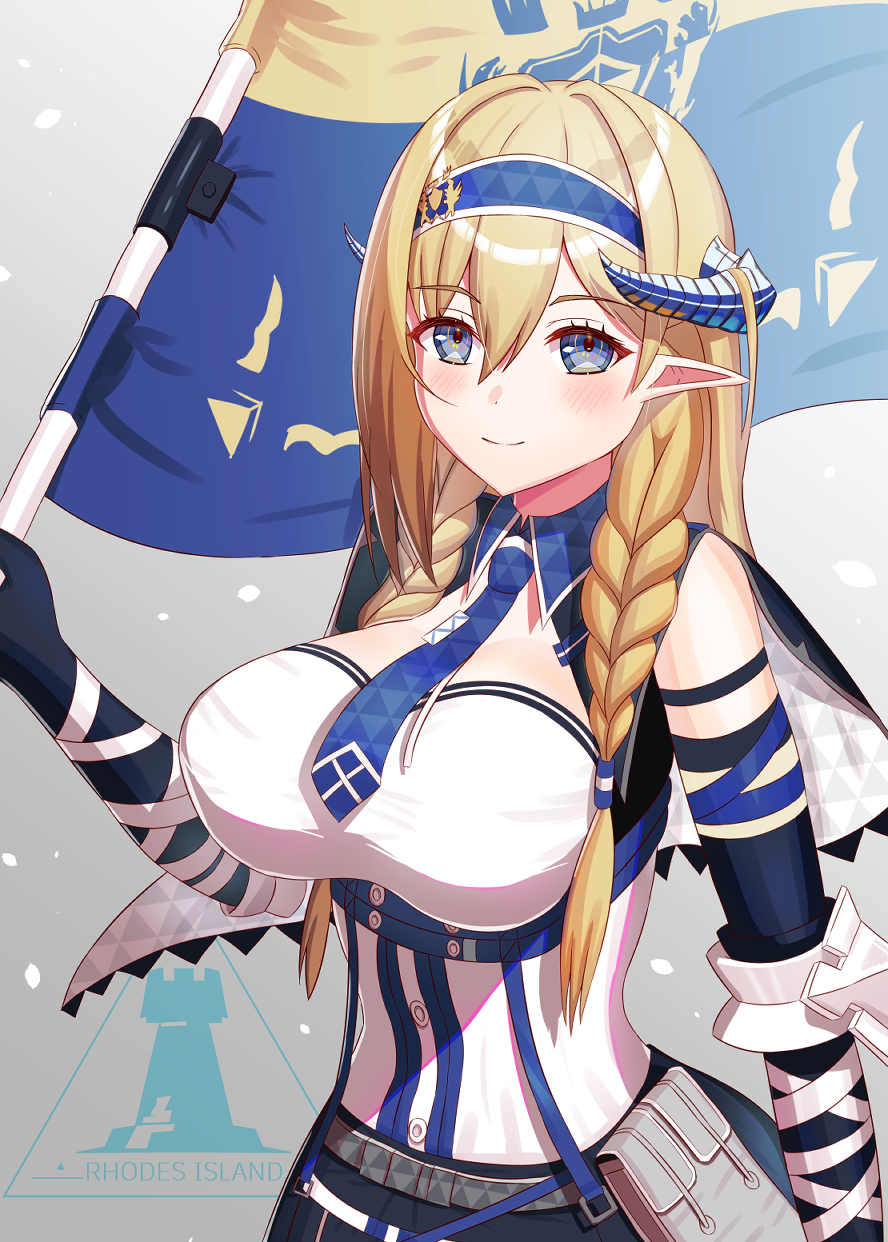 1girl, arknights, aya-cis, bare_shoulders, blonde_hair, blue_eyes, blue_hairband, blue_necktie