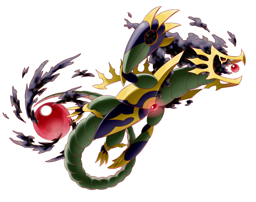 absurdres, arm_up, aura, black_sclera, claws, colored_sclera, commentary, dragon, english_commentary, fakemon, full_body, gem, glowing, highres, hyshirey, no_humans, official_style, open_mouth, orb, original, pokemon, red_eyes, transparent_background