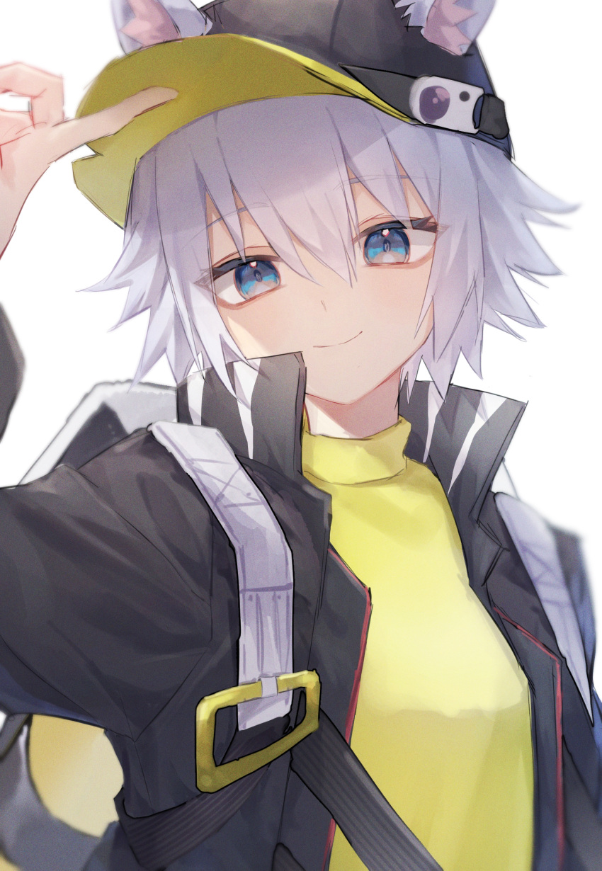 1girl, animal_ears, arknights, arm_up, backpack, bag, bangs, baseball_cap, black_headwear, black_jacket, blue_eyes, click_(arknights), closed_mouth, ears_through_headwear, hair_between_eyes, hand_on_headwear, hat, highres, jacket, long_sleeves, looking_at_viewer, mouse_ears, nagute, open_clothes, open_jacket, shirt, short_hair, silver_hair, simple_background, smile, solo, upper_body, white_background, yellow_shirt