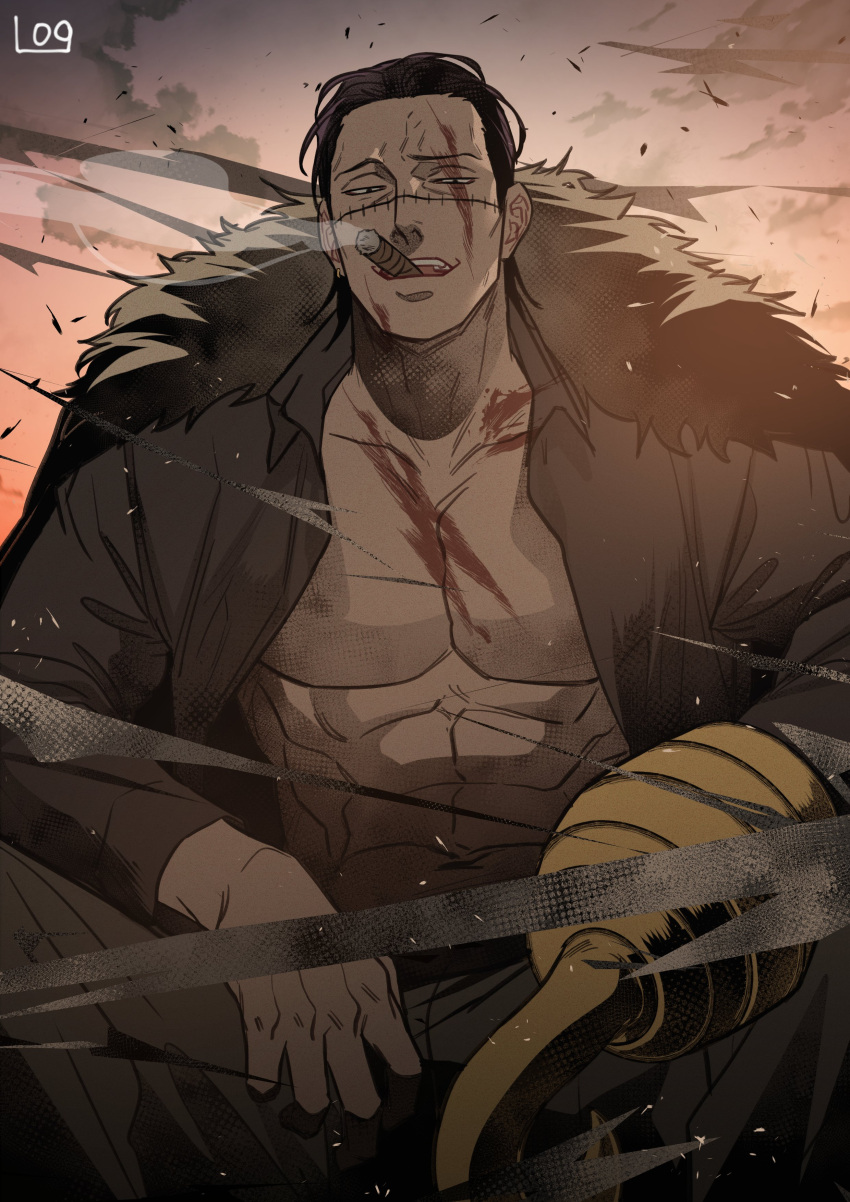 109ddong, 1boy, abs, absurdres, black_hair, blood, brown_shirt, cigar