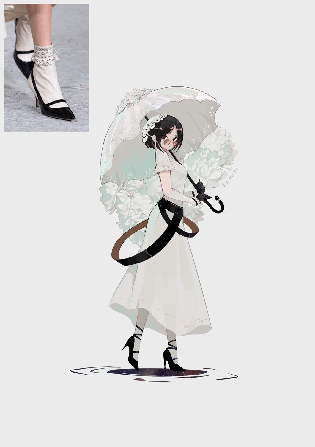 1girl, bangs, belt, black_belt, black_footwear, black_gloves, black_hair, blackcat_enjia