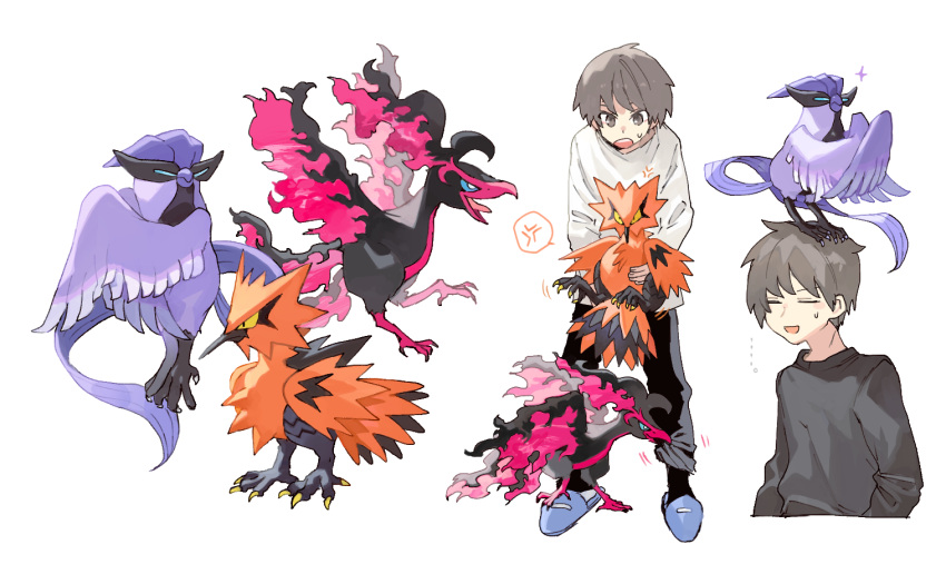 ..., 1boy, :d, anger_vein, animal_on_head, bangs, bird, bird_on_head