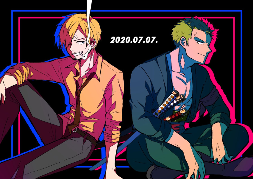 2boys, cigarette, eye_contact, facial_hair, feet_out_of_frame, goatee, green_hair, green_kimono