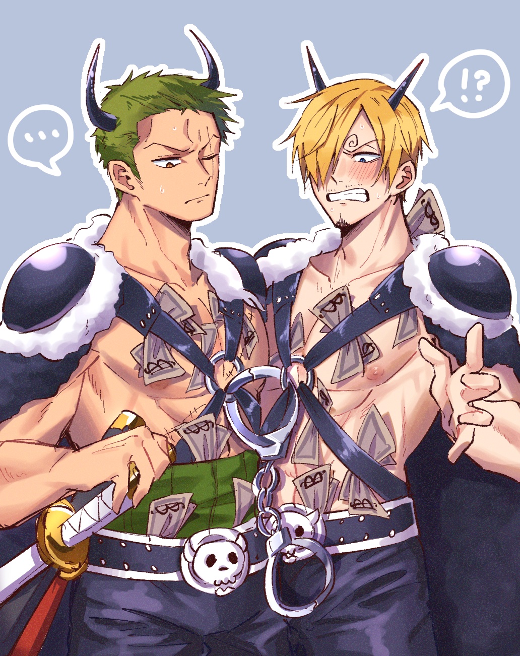 2boys, armor, black_cape, black_pants, blush, cape, chest_harness, facial_hair