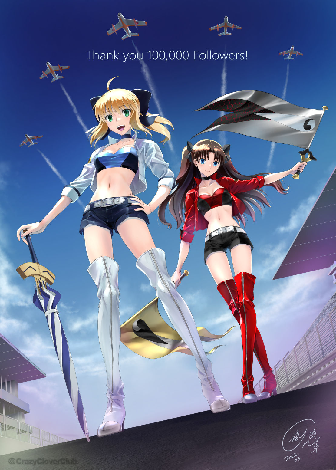 2girls, :d, ahoge, aircraft, airplane, artoria_pendragon_(fate), belt, black_choker, black_hair, black_short_shorts, black_shorts, blonde_hair, blue_belt, blue_choker, blue_eyes, blue_shirt, blue_shorts, blue_sky, boots, bow, breasts, choker, closed_mouth, clouds, crop_top, cropped_jacket, crossed_legs, dated, day, dual_wielding, english_text, excalibur_(fate/stay_night), eyebrows, eyebrows_visible_through_hair, eyes, fate/stay_night, fate_(series), fence, flag, floating_hair, from_below, full_body, green_eyes, hair_bow, hand_on_hip, highres, holding, holding_flag, jacket, kanshou_&amp;_bakuya_(fate), long_hair, looking_at_viewer, medium_breasts, milestone_celebration, multiple_girls, navel, official_alternate_costume, open_eyes, open_jacket, open_mouth, planted, planted_umbrella, ponytail, racequeen, racetrack, red_boots, red_jacket, red_shirt, red_thigh_boots, saber, shirotsumekusa, shirt, short_shorts, shorts, sidelocks, signature, sky, smile, stomach, teeth, thank_you, thigh-highs, thigh_boots, thighs, tohsaka_rin, two_side_up, umbrella, upper_teeth, watson_cross, waving_flag, white_belt, white_boots, white_jacket, white_thigh_boots, zipper, zipper_boots