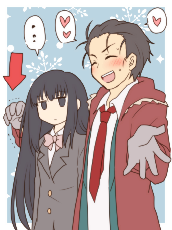 ..., 1boy, 1girl, :d, arrow_(symbol), bangs, black_eyes, black_hair