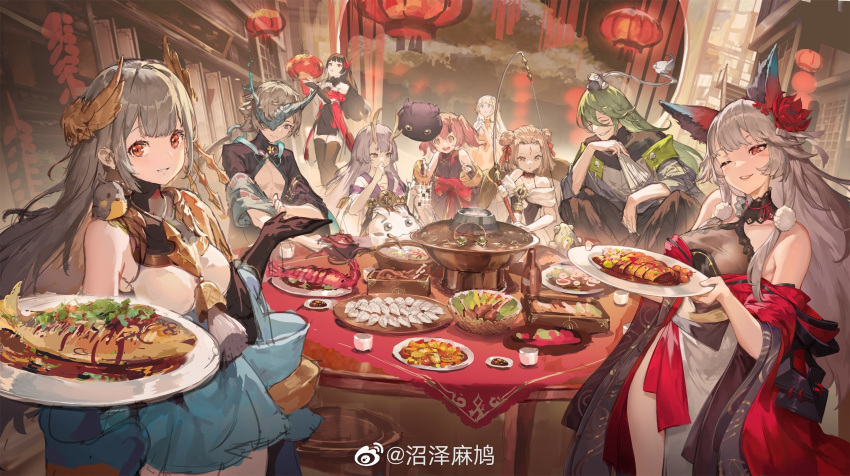 2boys, 6+girls, animal_ears, animal_on_shoulder, arena_(masterwork_apocalypse), bird, bird_on_shoulder, black_gloves