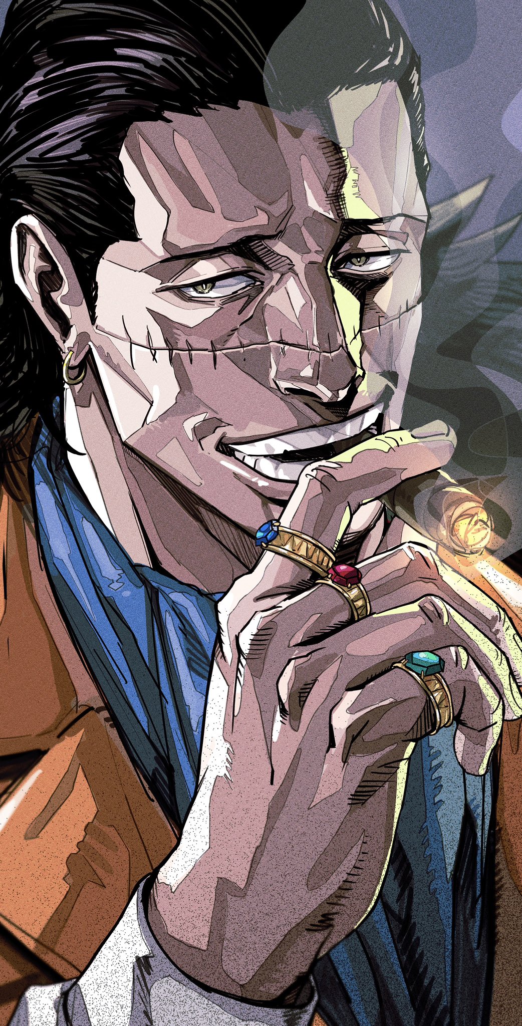 1boy, black_hair, cigar, crocodile_(one_piece), dark-skinned_male, dark_skin, face, hair_slicked_back, highres, jewelry, male_focus, multiple_rings, one_piece, portrait, ring, scar, scar_on_face, scar_on_nose, short_hair, smoke, smoking, solo, stitches, teeth, tobo_katsuo, upper_body, wrinkled_skin