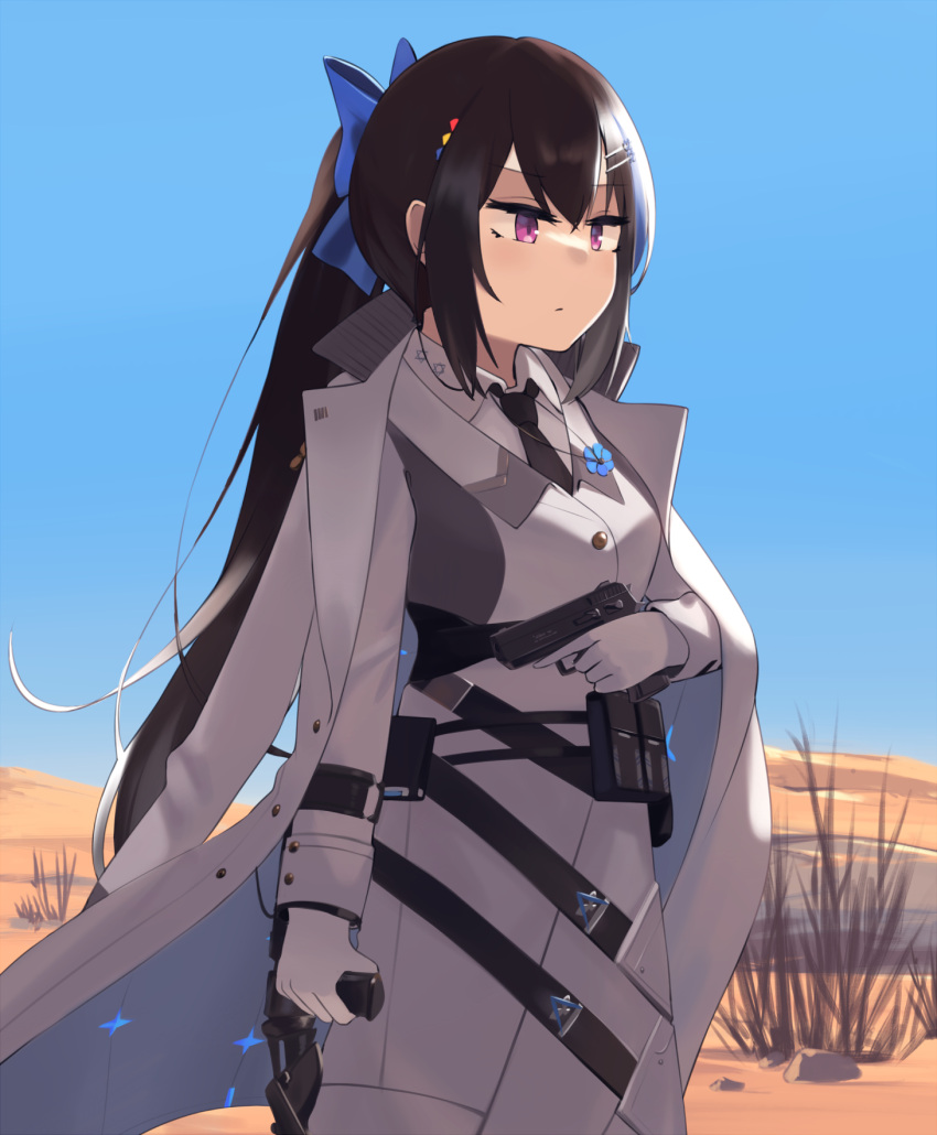 1girl, bangs, belt_pouch, black_hair, black_necktie, blue_sky, cane, cloak