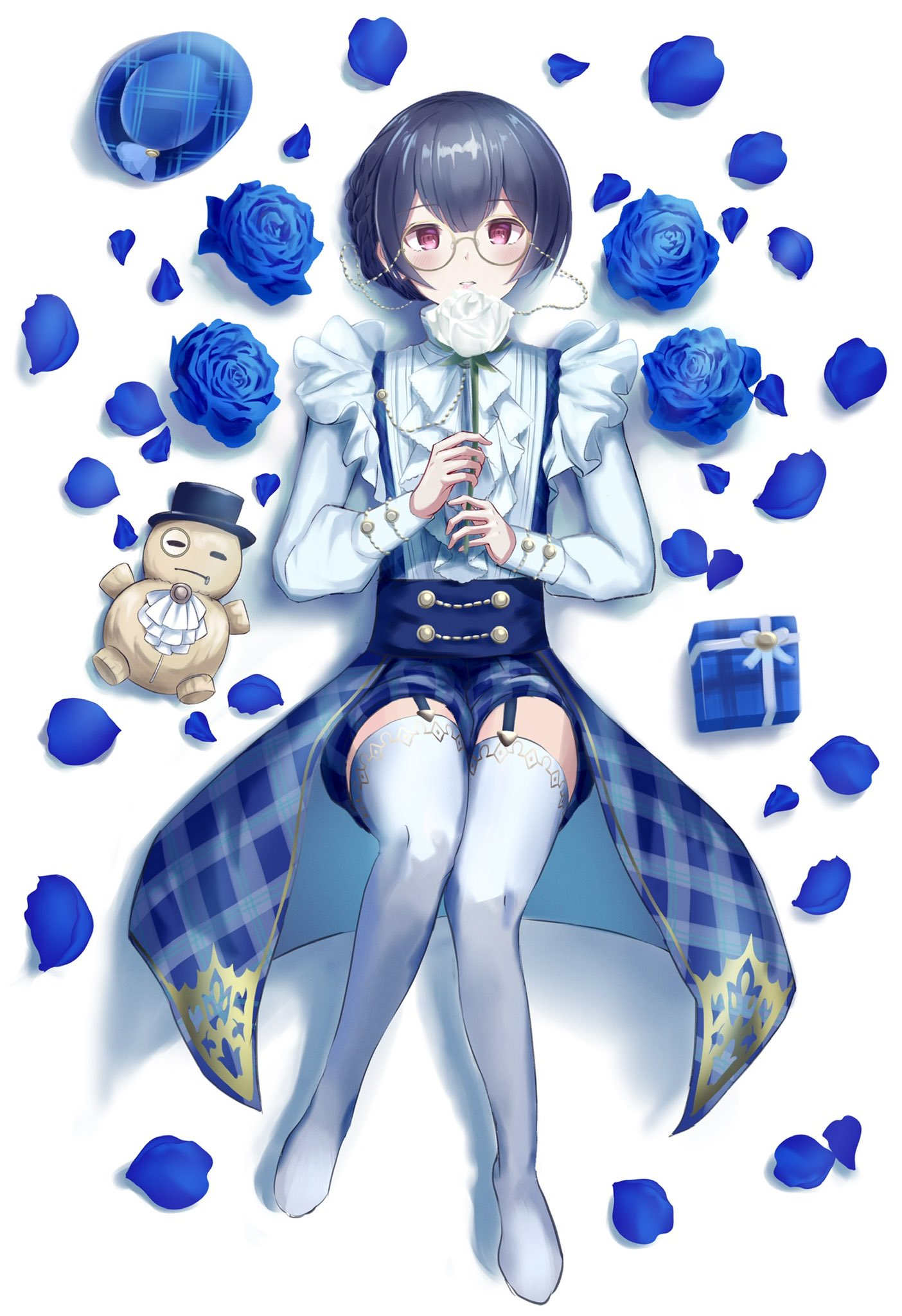 1girl, :o, bespectacled, blue_flower, blue_headwear, blue_rose, blush, box, braid, dark_blue_hair, flower, french_braid, gift, gift_box, glasses, highres, holding, holding_flower, idolmaster, idolmaster_shiny_colors, knees_up, looking_at_viewer, lying, morino_rinze, no_shoes, on_back, petals, plaid, plaid_shorts, red_eyes, rose, rose_petals, round_eyewear, shorts, simple_background, solo, stuffed_toy, tailcoat, thigh-highs, tland_p, white_flower, white_legwear, white_rose