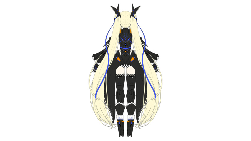1girl, absurdly_long_hair, artist_request, bangs, blonde_hair, breasts, cleavage_cutout, clothing_cutout, concept_art, detached_sleeves, eyebrows_visible_through_hair, frilled_sleeves, frills, from_behind, hair_between_eyes, high_heels, hip_vent, long_hair, medium_breasts, multiple_views, nightmare_series, official_art, open_mouth, phantasy_star, phantasy_star_online_2, sidelocks, solo, thigh-highs, turnaround, twintails, very_long_hair, waist_cape
