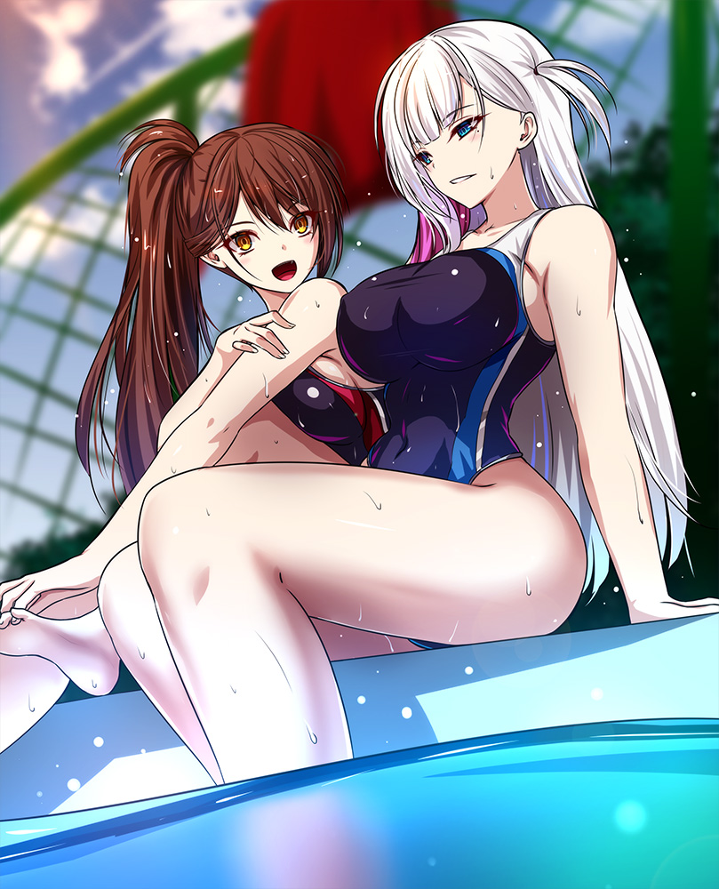 2girls, akeyama_kitsune, alternate_costume, arms_behind_back, asymmetrical_docking, azur_lane, bangs, barefoot