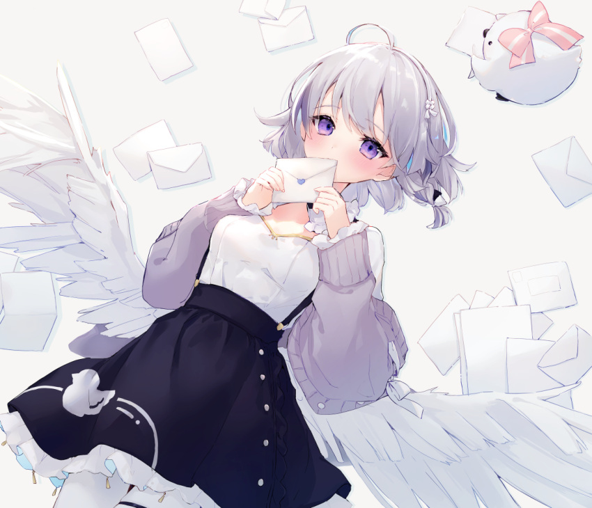 1girl, ahoge, bangs, black_skirt, blush, breasts, cardigan, commentary_request