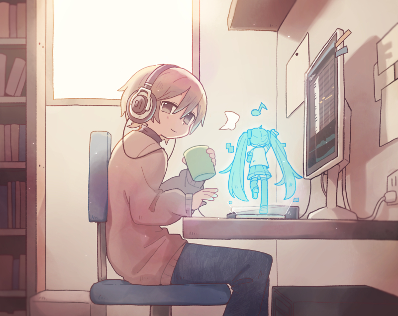 1boy, 1girl, arm_up, backlighting, blue_pants, bookshelf, brown_shirt, chair